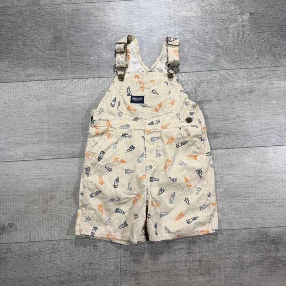 Vintage 2000s rare Oshkosh b'gosh tan cream spaceship all over print overalls